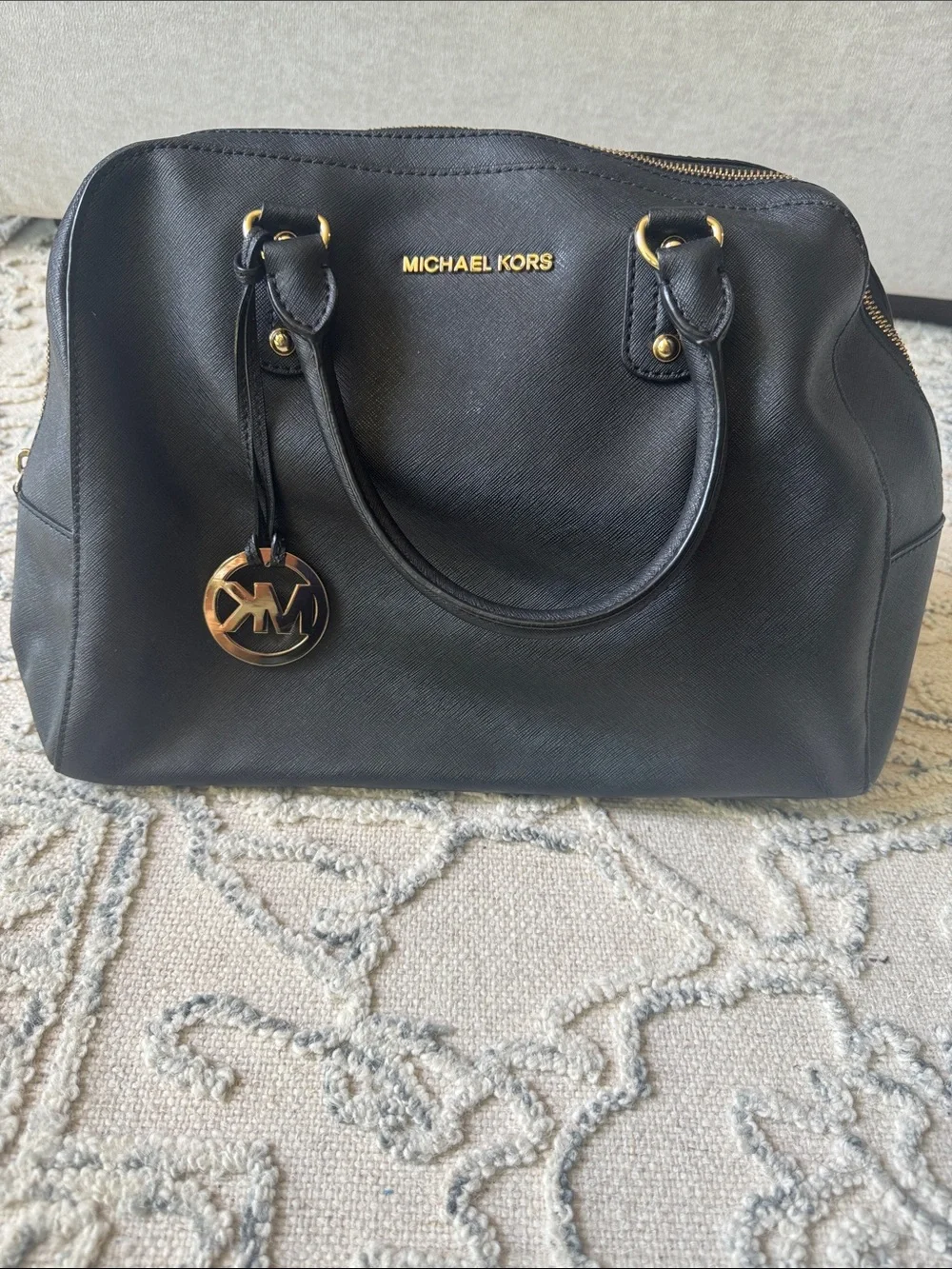 Michael Kors Black Leather Dome Satchel with Gold Hardware